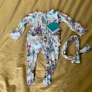 Posh Peanut bamboo Floral Castle Footed One-Piece with Matching Headband